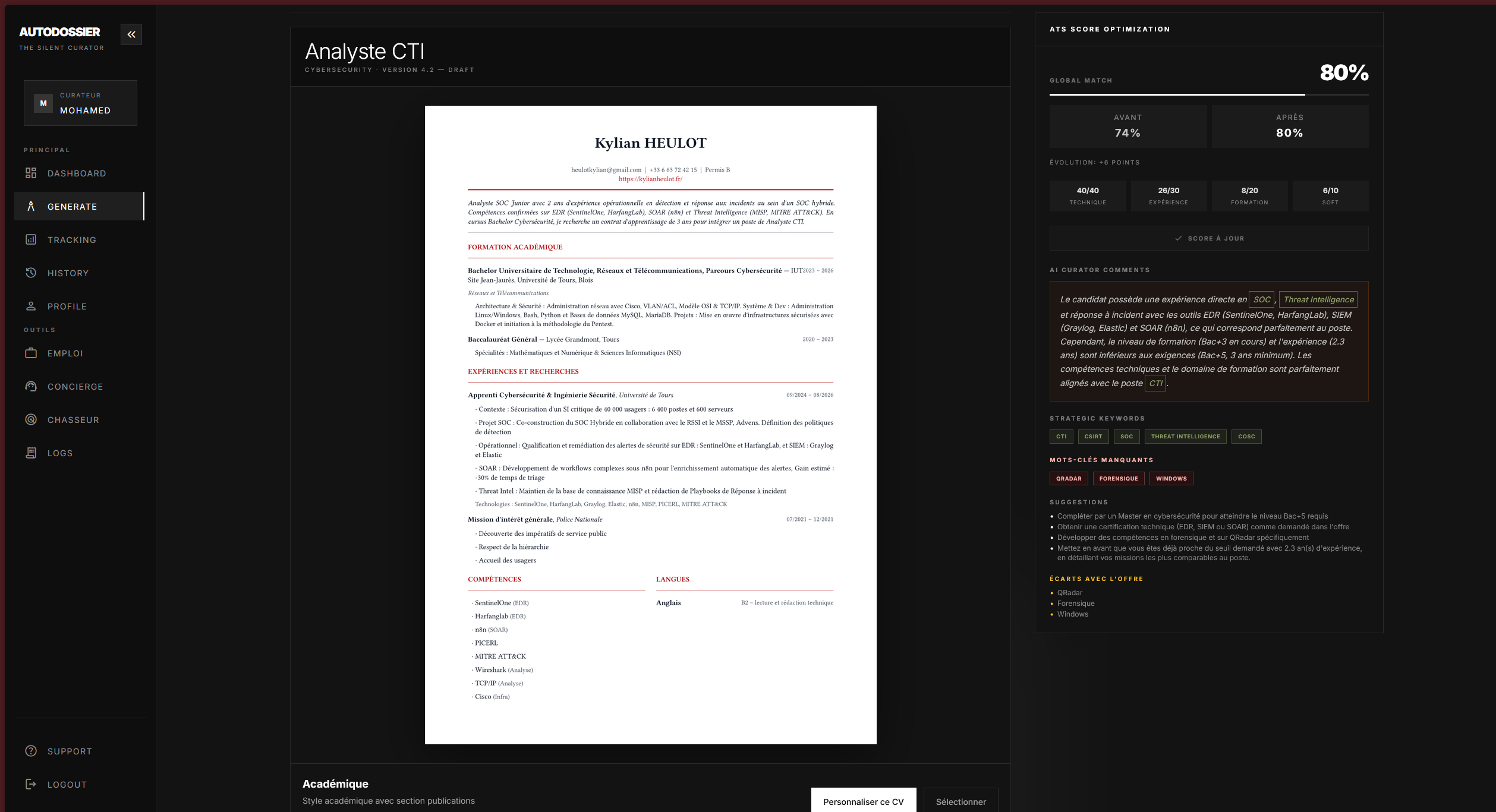 Interface AutoDossier d'analyse et de génération de candidature
