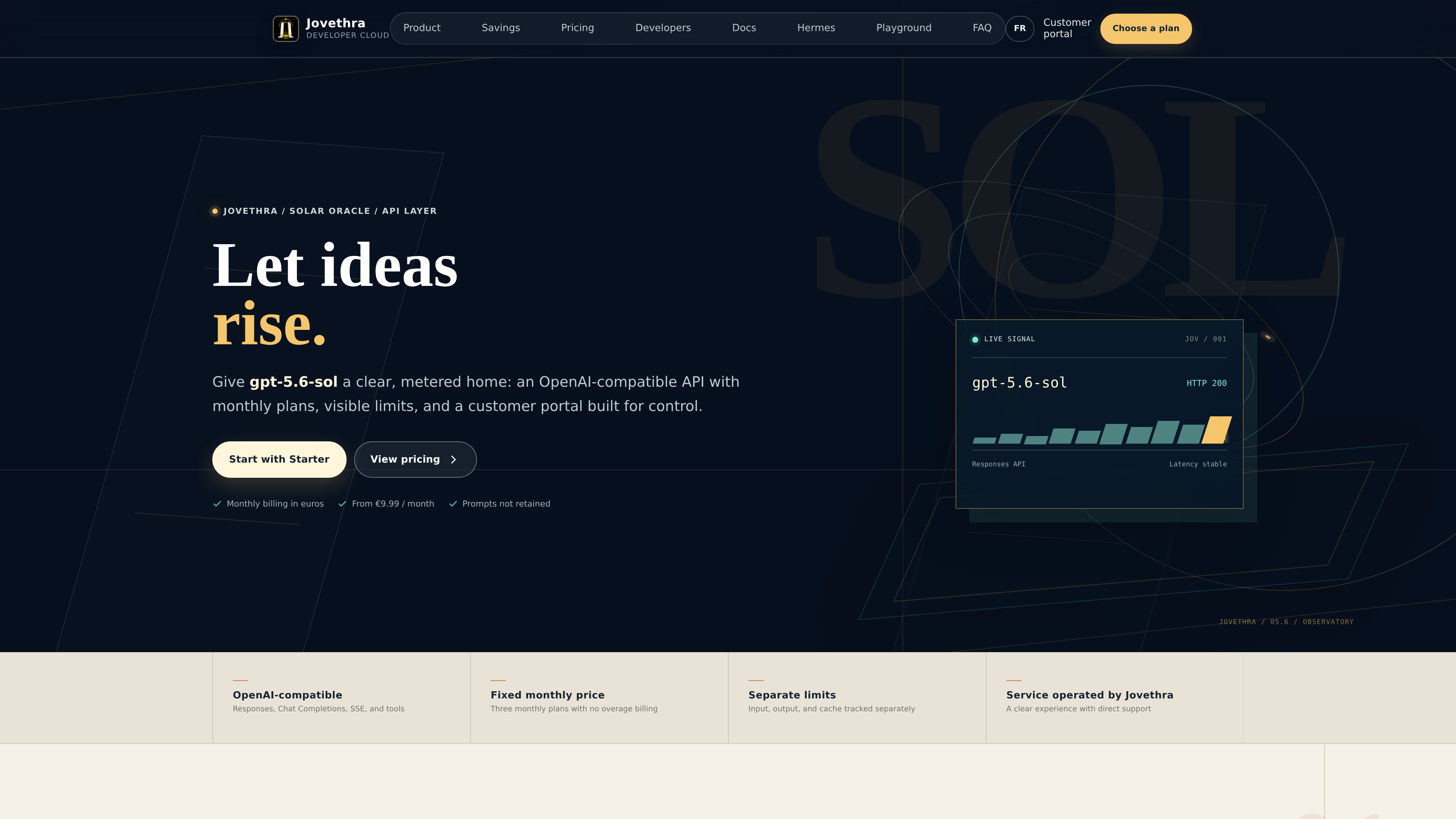 Interface Jovethra Developer Cloud avec signal API en direct